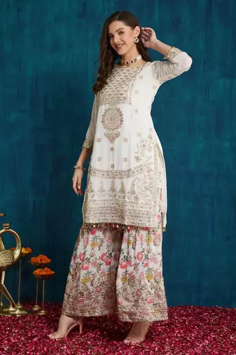 white georgette sharara set with zari sequence work
