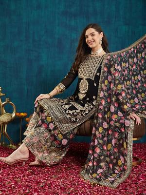 women's faux georgette fabric zari sequin embroidery work Kurta and Palazzo with dupatta 1