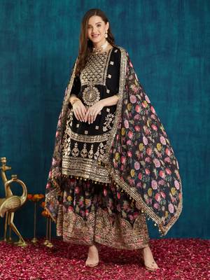 women's faux georgette fabric zari sequin embroidery work Kurta and Palazzo with dupatta 2