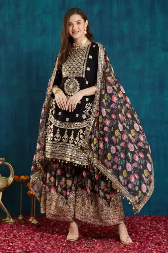 women's faux georgette fabric zari sequin embroidery work Kurta and Palazzo with dupatta