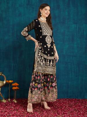 women's faux georgette fabric zari sequin embroidery work Kurta and Palazzo with dupatta 3