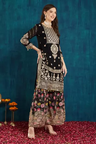 women's faux georgette fabric zari sequin embroidery work Kurta and Palazzo with dupatta
