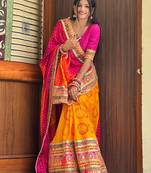 Pink bandhani print silk saree  with lace border and unstitched blouse piece