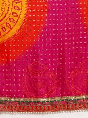 Pink bandhani print silk saree  with lace border and unstitched blouse piece 4