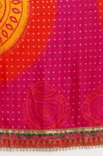 Pink bandhani print silk saree  with lace border and unstitched blouse piece