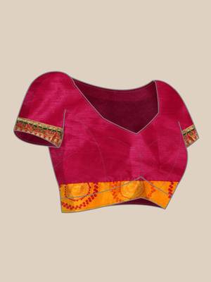 Pink bandhani print silk saree  with lace border and unstitched blouse piece 5