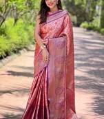 Red zari woven tissue silk women's saree with blouse piece