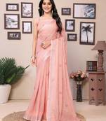 Ready To Wear Peach Cotton Saree And Digital printed Border And Pallu With Blouse