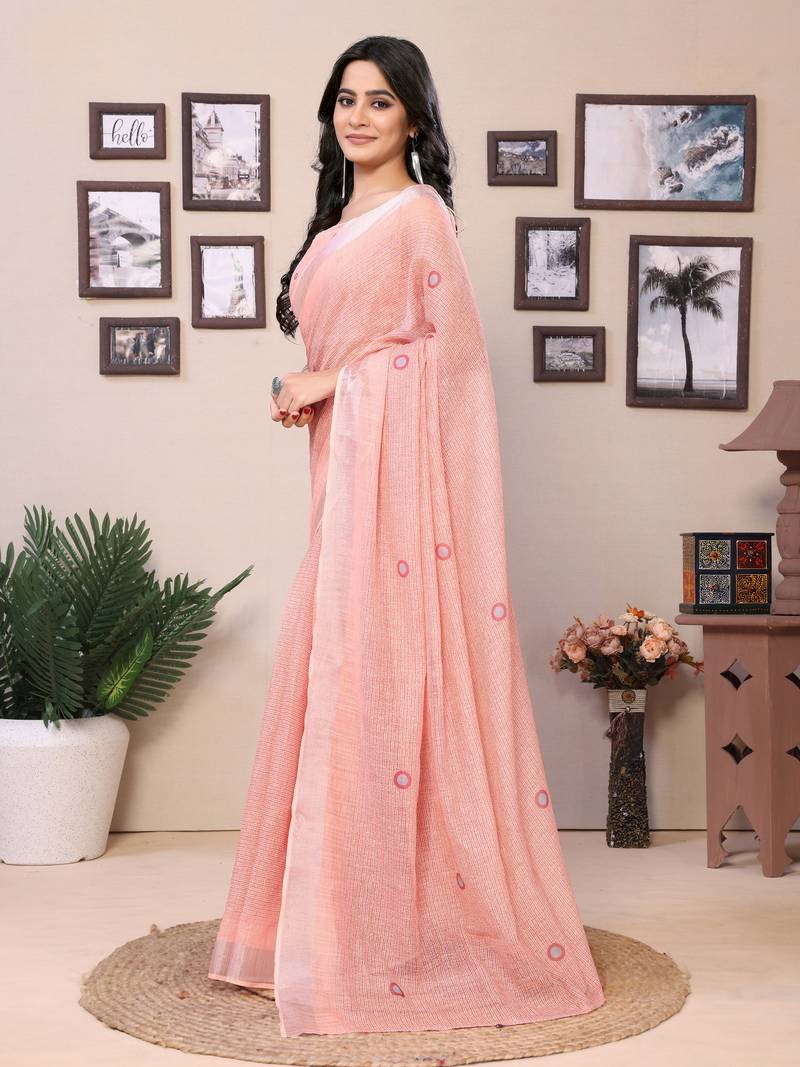 Ready To Wear Peach Cotton Saree And Digital printed Border And Pallu With Blouse