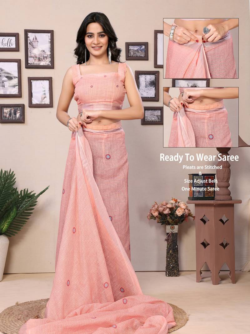 Ready To Wear Peach Cotton Saree And Digital printed Border And Pallu With Blouse