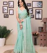 Ready To Wear Light Green Cotton Saree And Digital printed Border And Pallu With Blouse