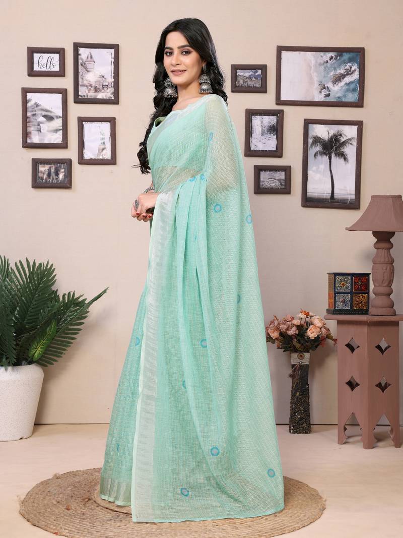 Ready To Wear Light Green Cotton Saree And Digital printed Border And Pallu With Blouse
