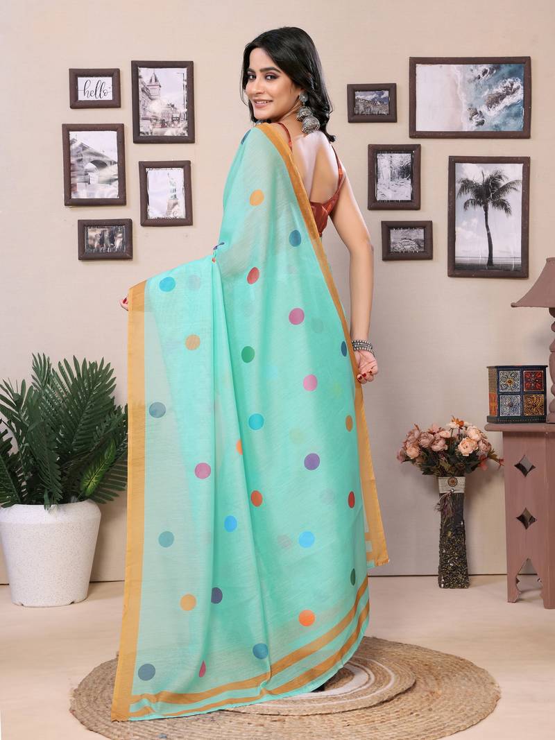 Ready To Wear Rama Cotton Saree And Digital printed Border And Pallu With Blouse