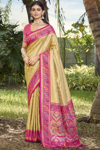 Sangam prints beige silk woven work festival saree