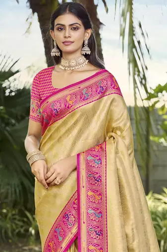Sangam prints beige silk woven work festival saree