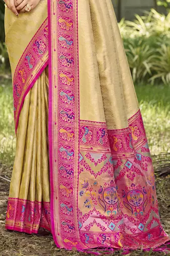 Sangam prints beige silk woven work festival saree