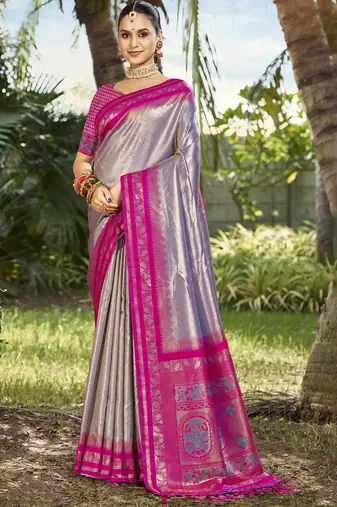 Sangam prints grey silk woven work festival saree