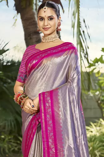 Sangam prints grey silk woven work festival saree