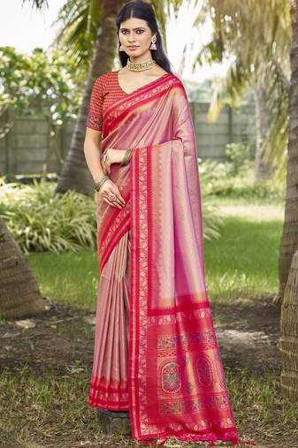 Sangam prints pink silk woven work festival saree