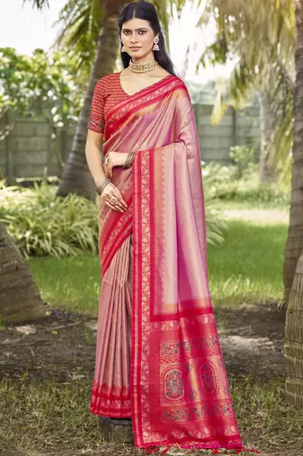 Sangam prints pink silk woven work festival saree