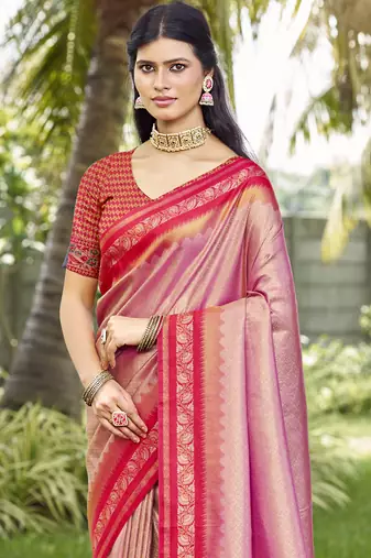 Sangam prints pink silk woven work festival saree