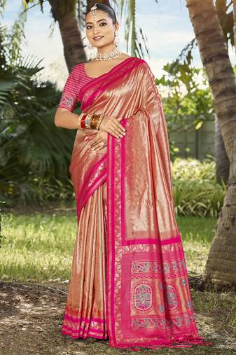Sangam prints peach silk woven work festival saree
