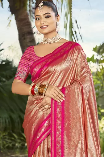 Sangam prints peach silk woven work festival saree
