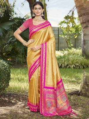 Sangam prints yellow silk woven work festival saree 1