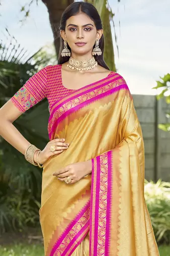 Sangam prints yellow silk woven work festival saree