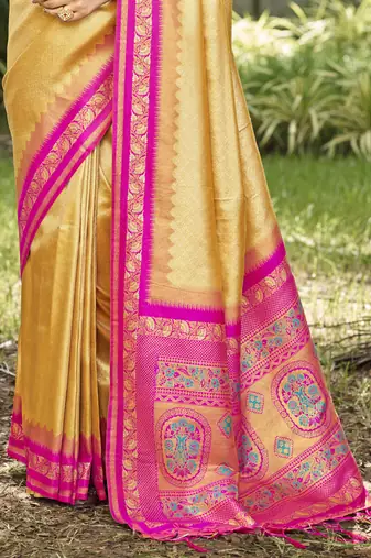 Sangam prints yellow silk woven work festival saree