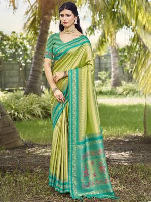 Sangam prints light green silk woven work festival saree 1