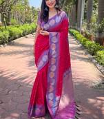 Pink zari woven soft silk women's saree with blouse piece