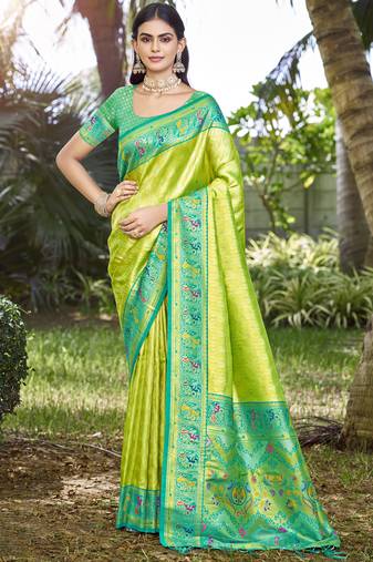 Sangam prints light green silk woven work festival saree