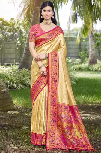 Sangam prints beige silk woven work festival saree