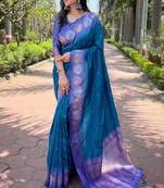 Blue zari woven soft silk women's saree with blouse piece