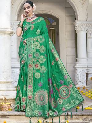 Sangam prints green silk woven work festival saree 1