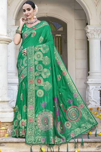 Sangam prints green silk woven work festival saree