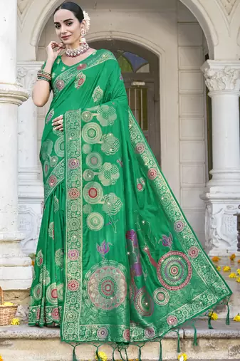 Sangam prints green silk woven work festival saree