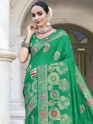Sangam prints green silk woven work festival saree 2