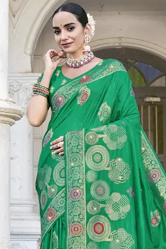 Sangam prints green silk woven work festival saree