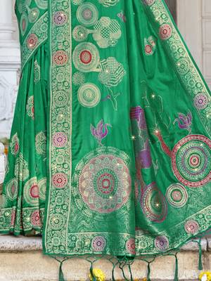 Sangam prints green silk woven work festival saree 3