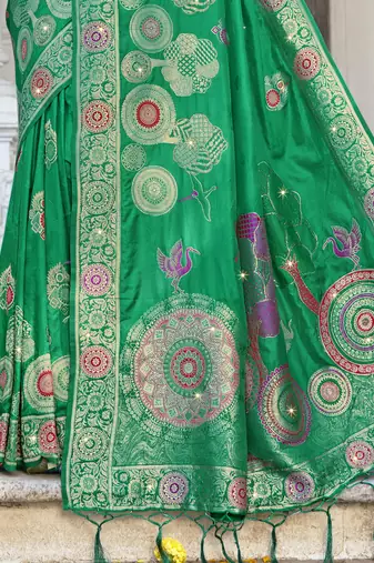 Sangam prints green silk woven work festival saree