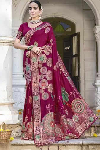 Sangam prints magenta silk woven work festival saree
