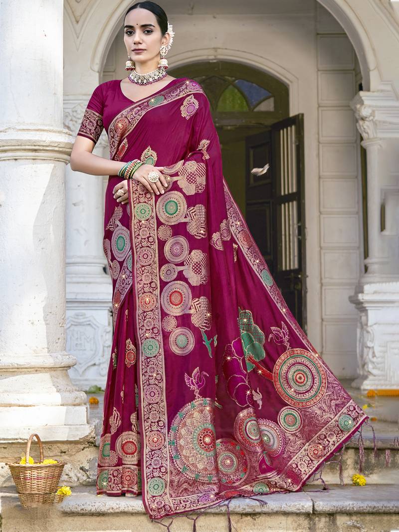 Sangam prints magenta silk woven work festival saree