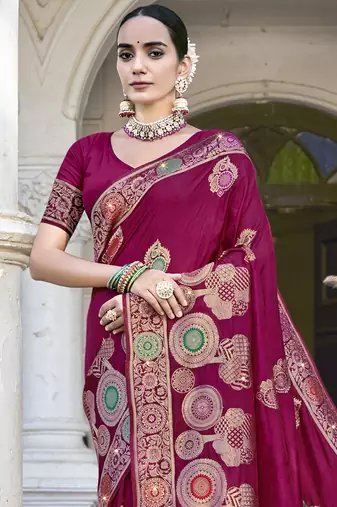 Sangam prints magenta silk woven work festival saree