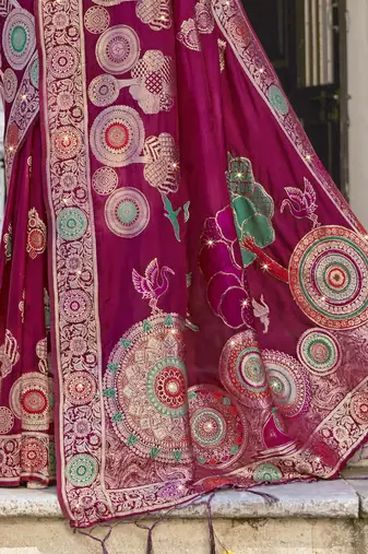 Sangam prints magenta silk woven work festival saree