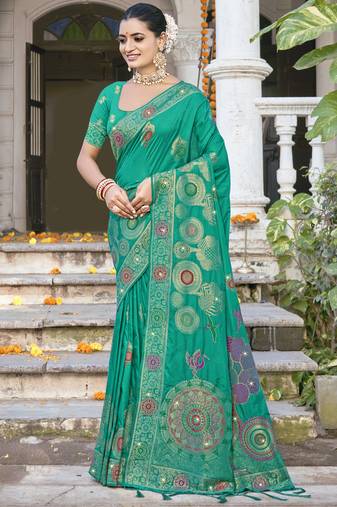 Sangam prints teal green silk woven work festival saree