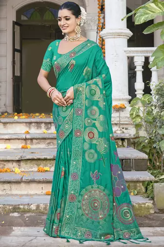 Sangam prints teal green silk woven work festival saree