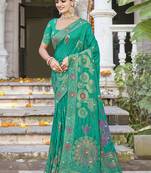 Sangam prints teal green silk woven work festival saree