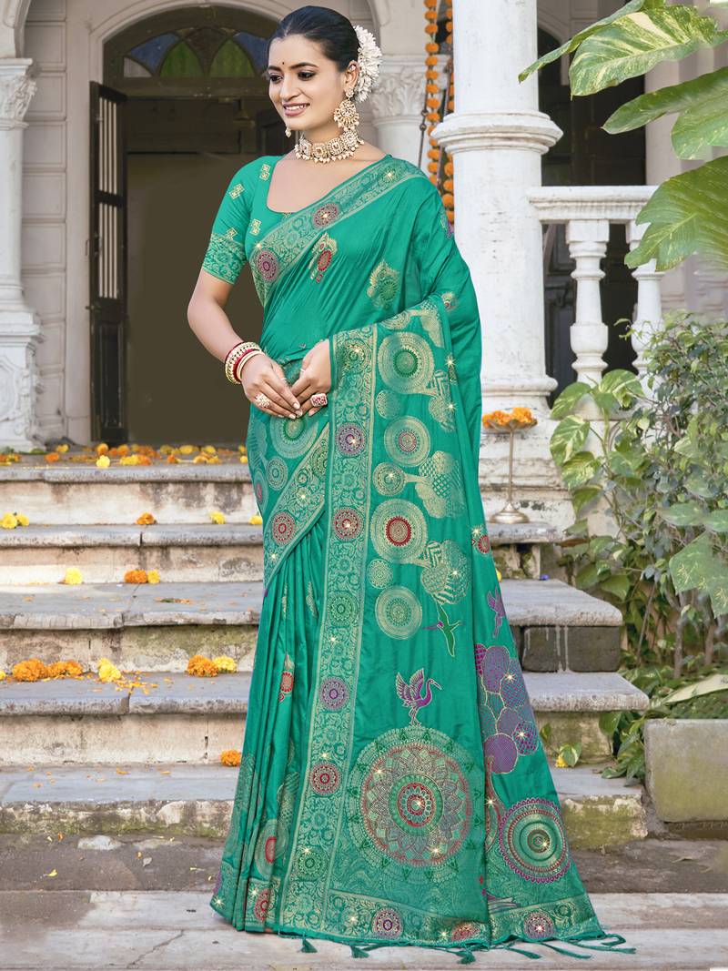 Sangam prints teal green silk woven work festival saree